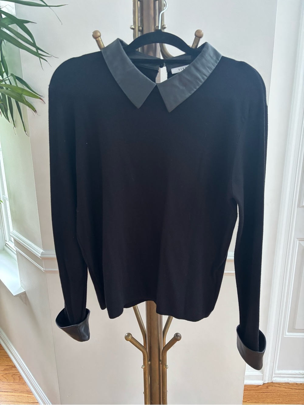 Sioni Black Long Sleeve Sweater with Faux Leather Collar & Cuffs